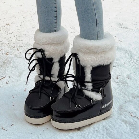 Faux moon boots Winter black with white fur - Picture 1 of 11